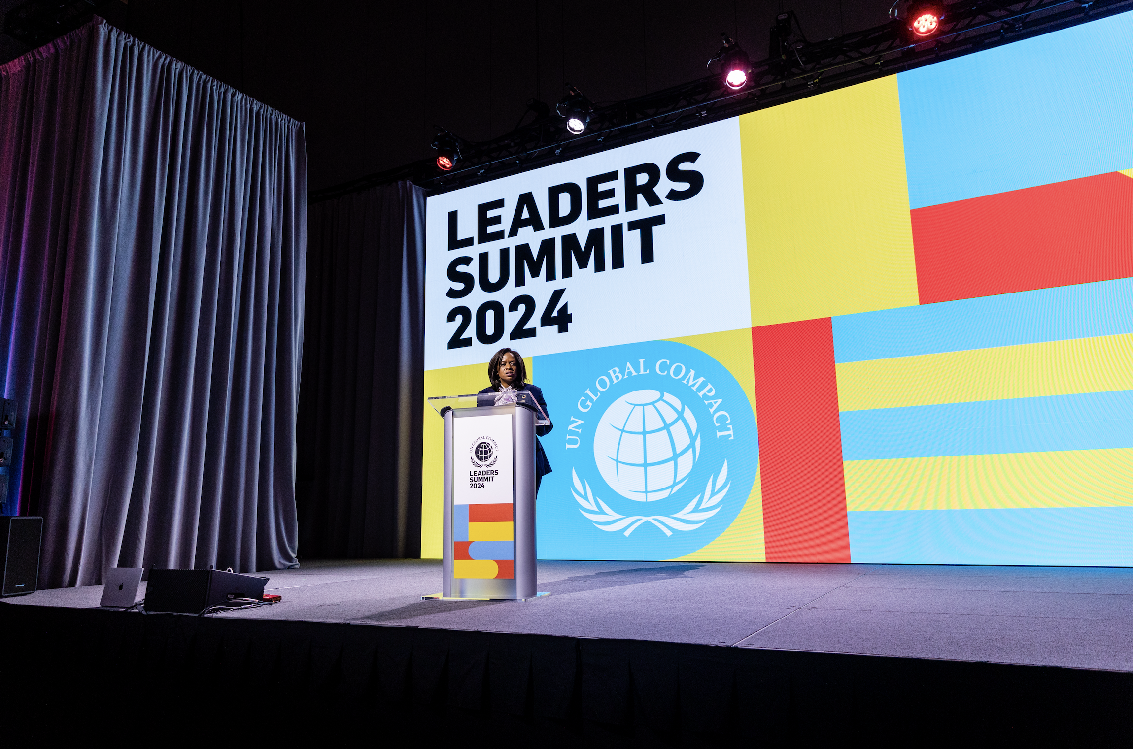 Sanda Ojiambo speaking at the opening of Leaders Summit 2024