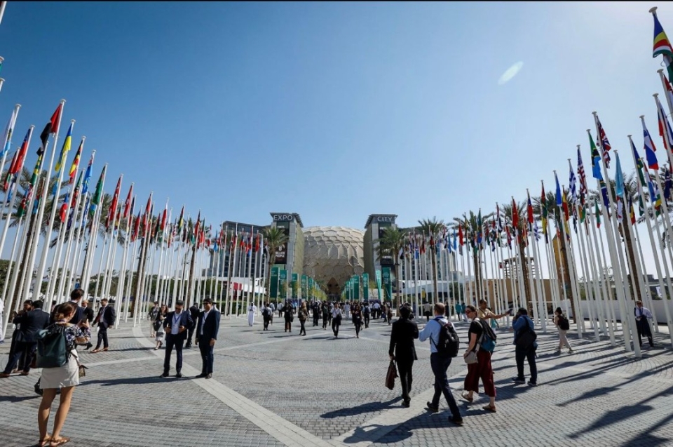 International flags with people