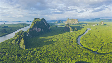 The image shows an aerial shot of greenery with a highway and water stream running through.