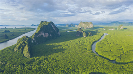 The image shows an aerial shot of greenery with a highway and water stream running through.